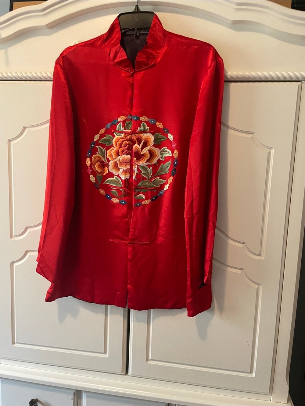 Women’s Red Satin Tunic with Floral Embroidered Medallion